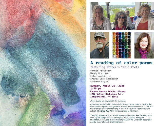 Decorative color image
next to photographs of six poet participants in a poetry reading 